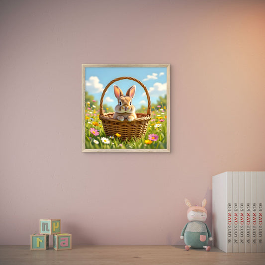 Cute Bunny in Basket Wall Art – Spring Meadow Rabbit Illustration - Byeutifull Art