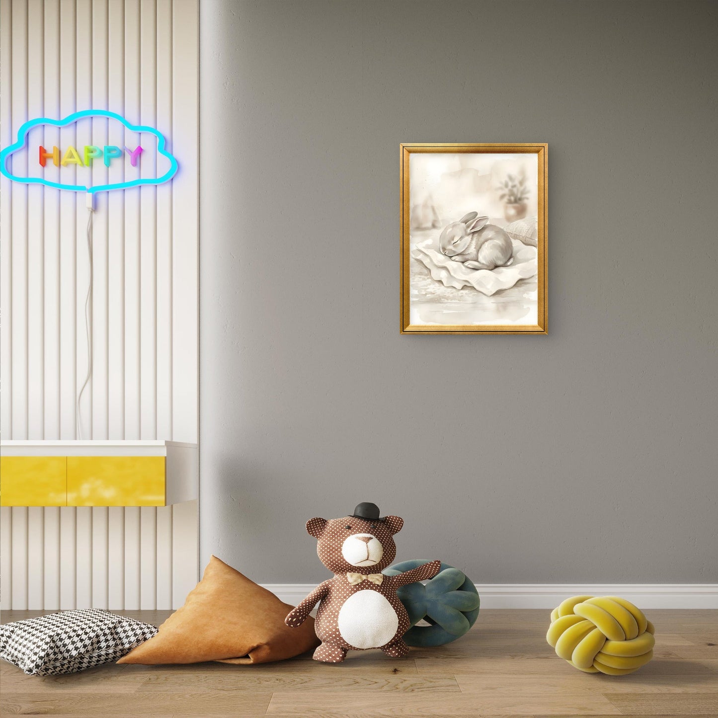 Sleeping Bunny Nursery Wall Art | Neutral Rabbit Print - Byeutifull Art