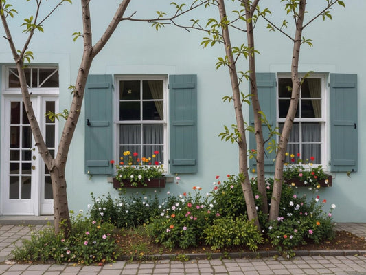 Turquoise Tranquility: Vintage House with Shuttered Windows & Garden - Byeutifull Art