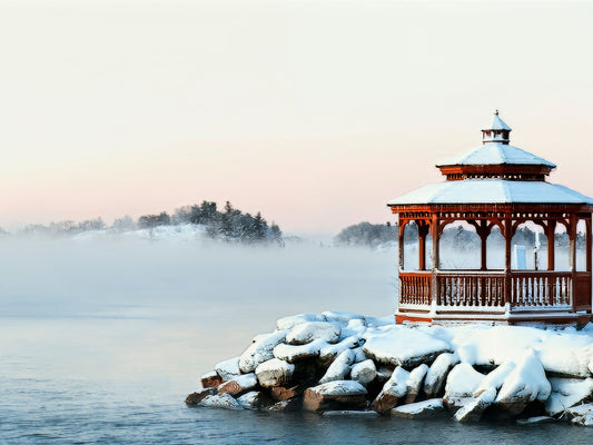 Wooden Gazebo on a rocky outcrop over St. Lawrence River - Byeutifull Art
