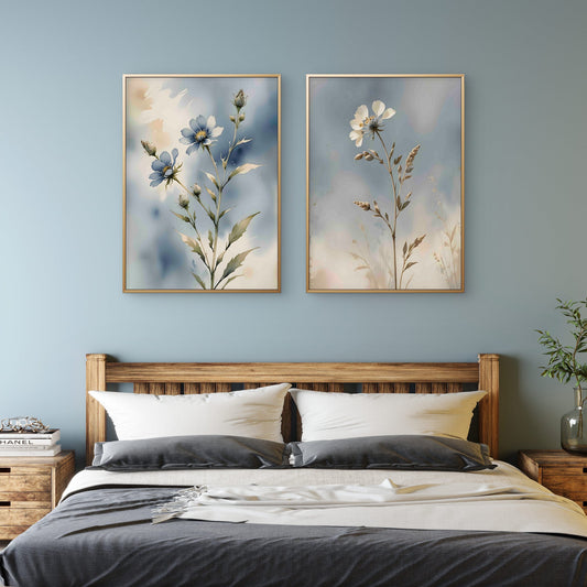Blue Botanical Wall Art Set of 2 – Neutral Floral Prints – Modern Living Room & Bedroom Decor - Byeutifull Art