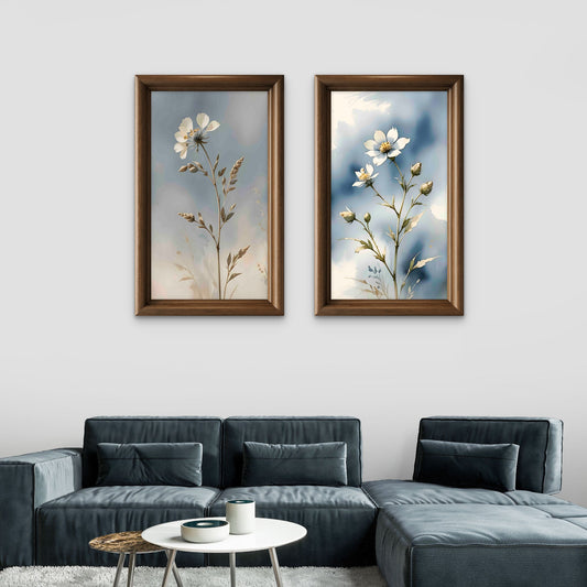 Blue Botanical Wall Art Set of 2 – Neutral Floral Prints – Modern Living Room & Bedroom Decor - Byeutifull Art