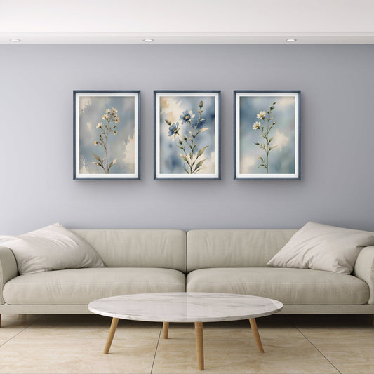 Blue Botanical Wall Art Set of 3 – Neutral Floral Prints – Modern Living Room & Bedroom Decor - Byeutifull Art