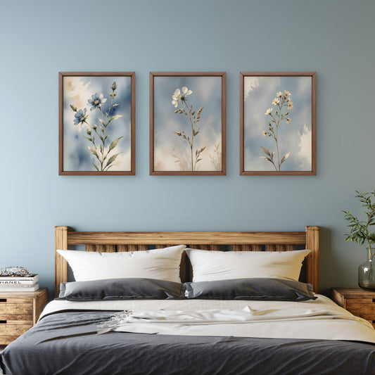 Blue Botanical Wall Art Set of 3 – Neutral Floral Prints – Modern Living Room & Bedroom Decor - Byeutifull Art