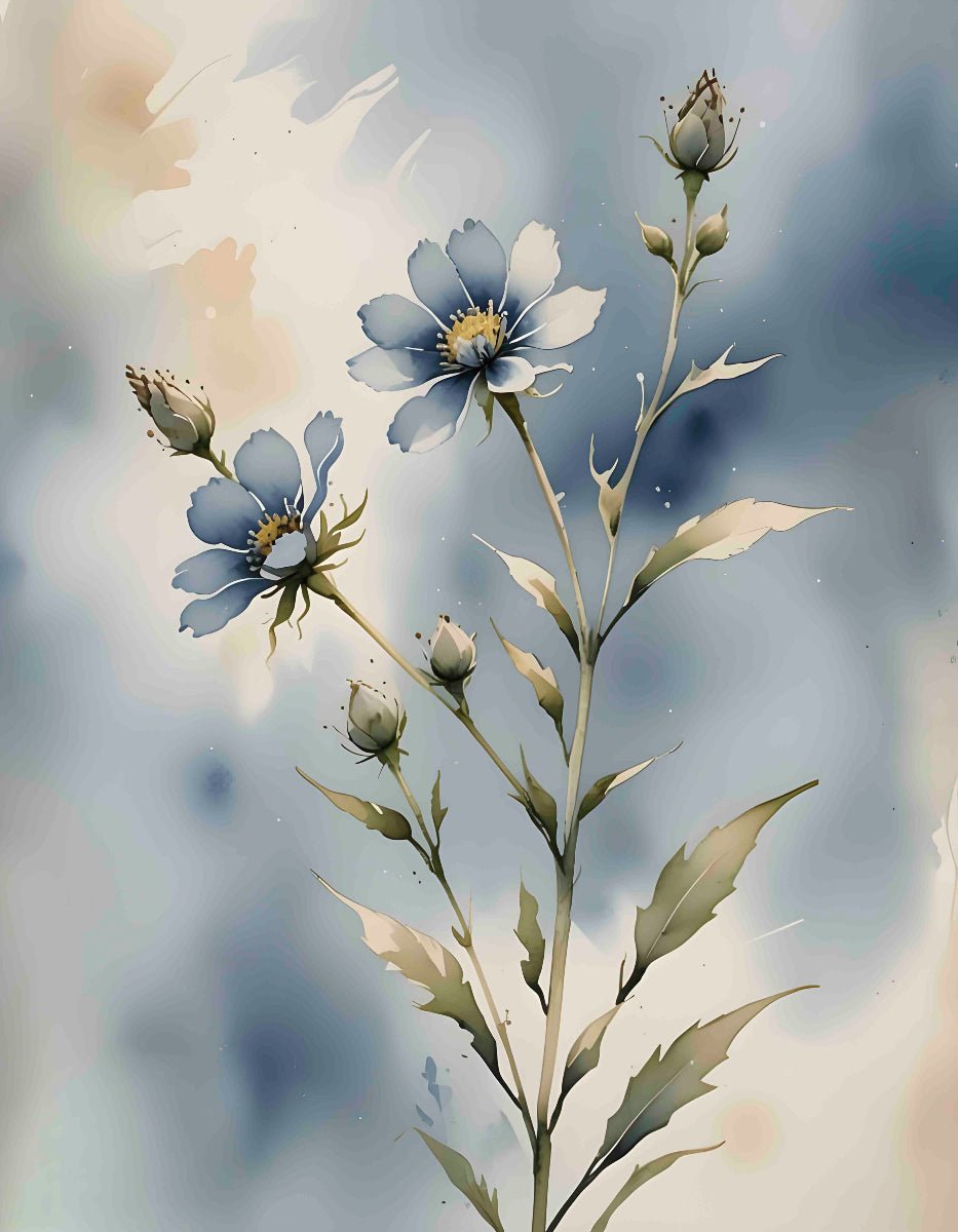 Blue Botanical Wall Art Set of 3 – Neutral Floral Prints – Modern Living Room & Bedroom Decor - Byeutifull Art