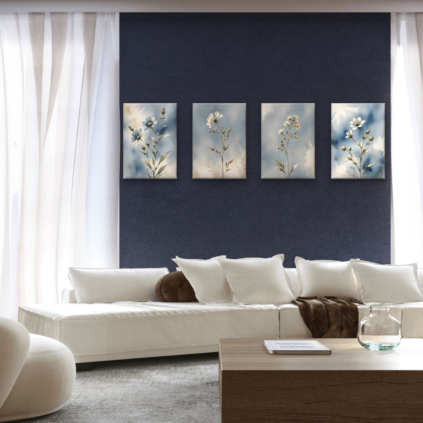 Blue Botanical Wall Art Set of 4 – Neutral Floral Prints – Modern Living Room & Bedroom Decor - Byeutifull Art