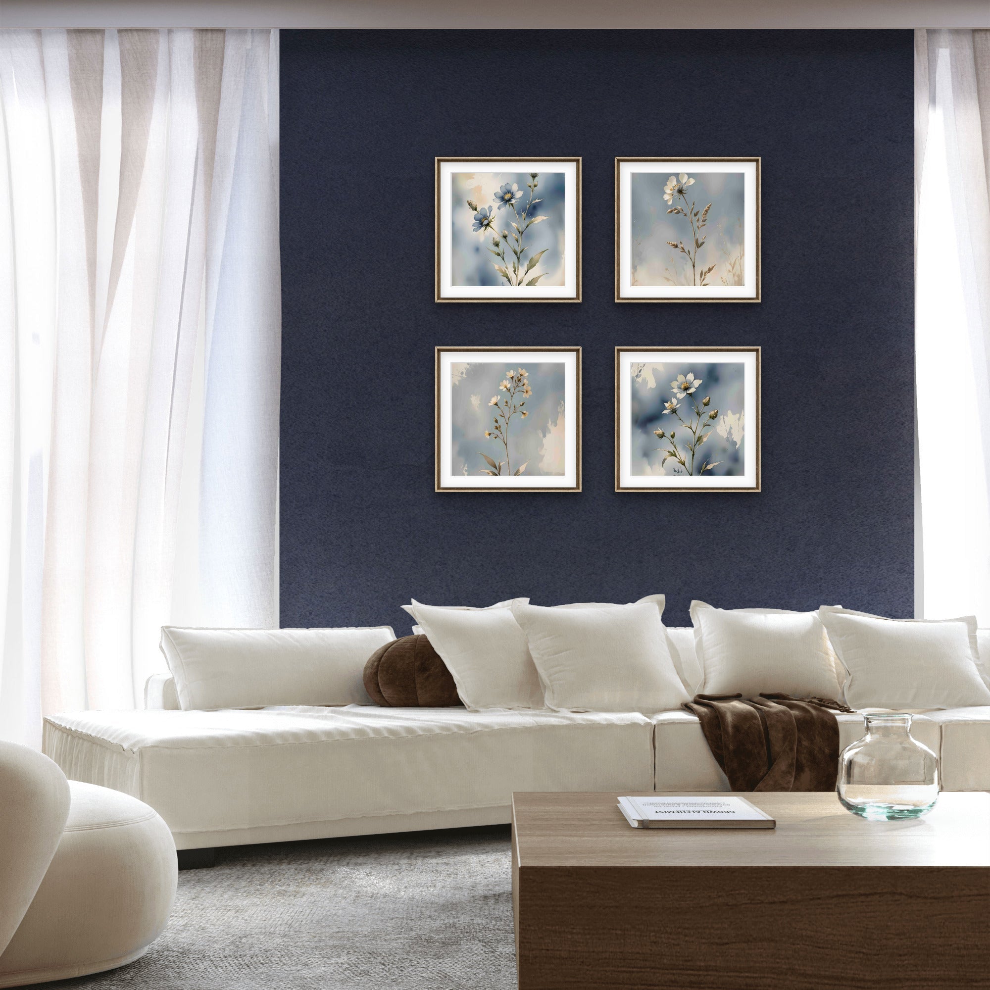 Blue Botanical Wall Art Set of 4 – Neutral Floral Prints – Modern Living Room & Bedroom Decor - Byeutifull Art