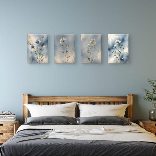 Blue Botanical Wall Art Set of 4 – Neutral Floral Prints – Modern Living Room & Bedroom Decor - Byeutifull Art