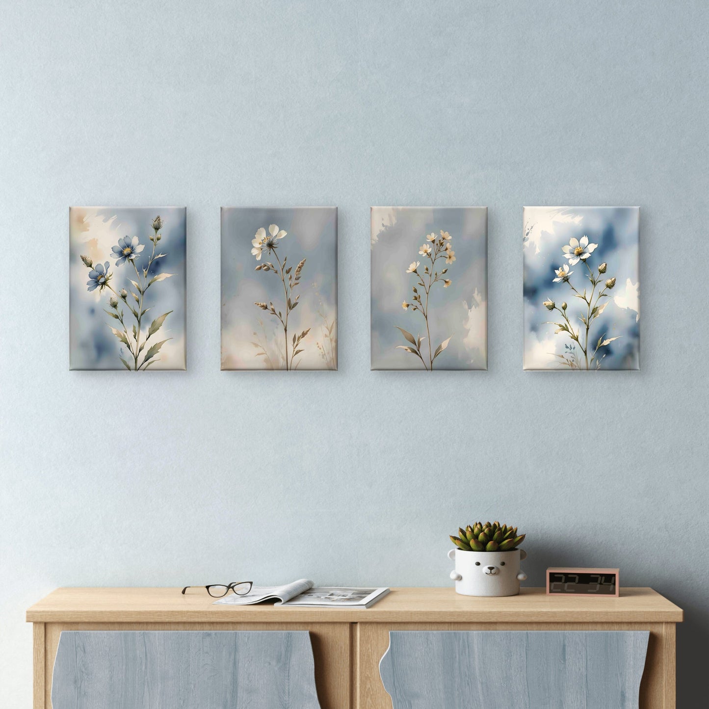 Blue Botanical Wall Art Set of 4 – Neutral Floral Prints – Modern Living Room & Bedroom Decor - Byeutifull Art