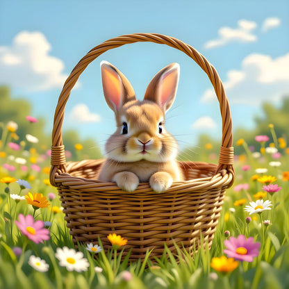 Cute Bunny in Basket Wall Art – Spring Meadow Rabbit Illustration - Byeutifull Art