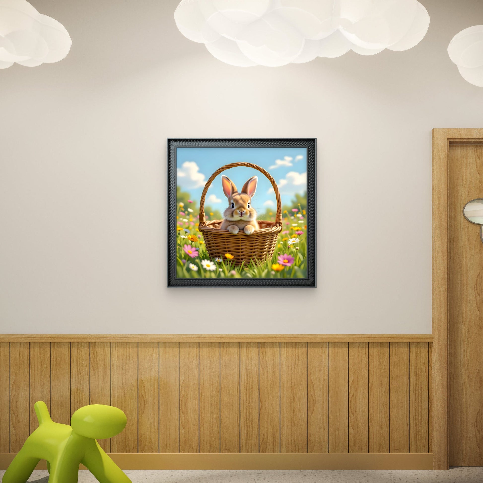 Cute Bunny in Basket Wall Art – Spring Meadow Rabbit Illustration - Byeutifull Art