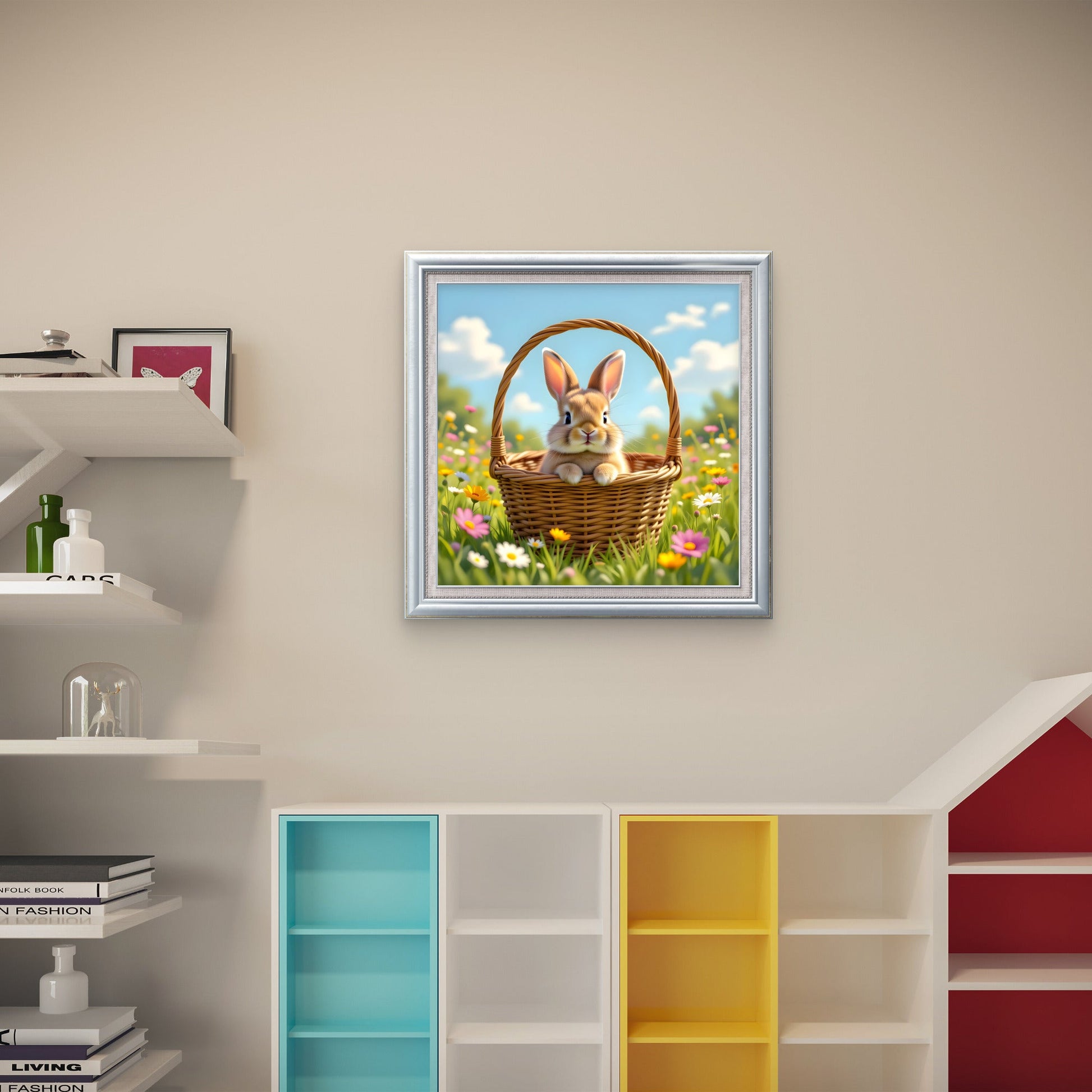 Cute Bunny in Basket Wall Art – Spring Meadow Rabbit Illustration - Byeutifull Art