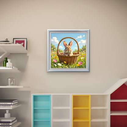 Cute Bunny in Basket Wall Art – Spring Meadow Rabbit Illustration - Byeutifull Art