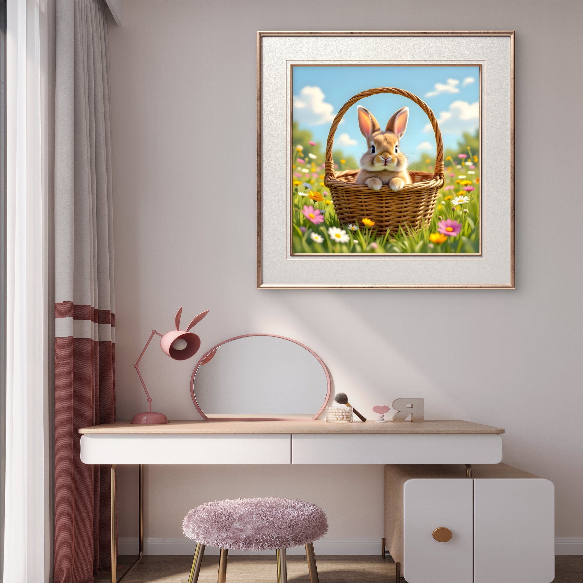 Cute Bunny in Basket Wall Art – Spring Meadow Rabbit Illustration - Byeutifull Art