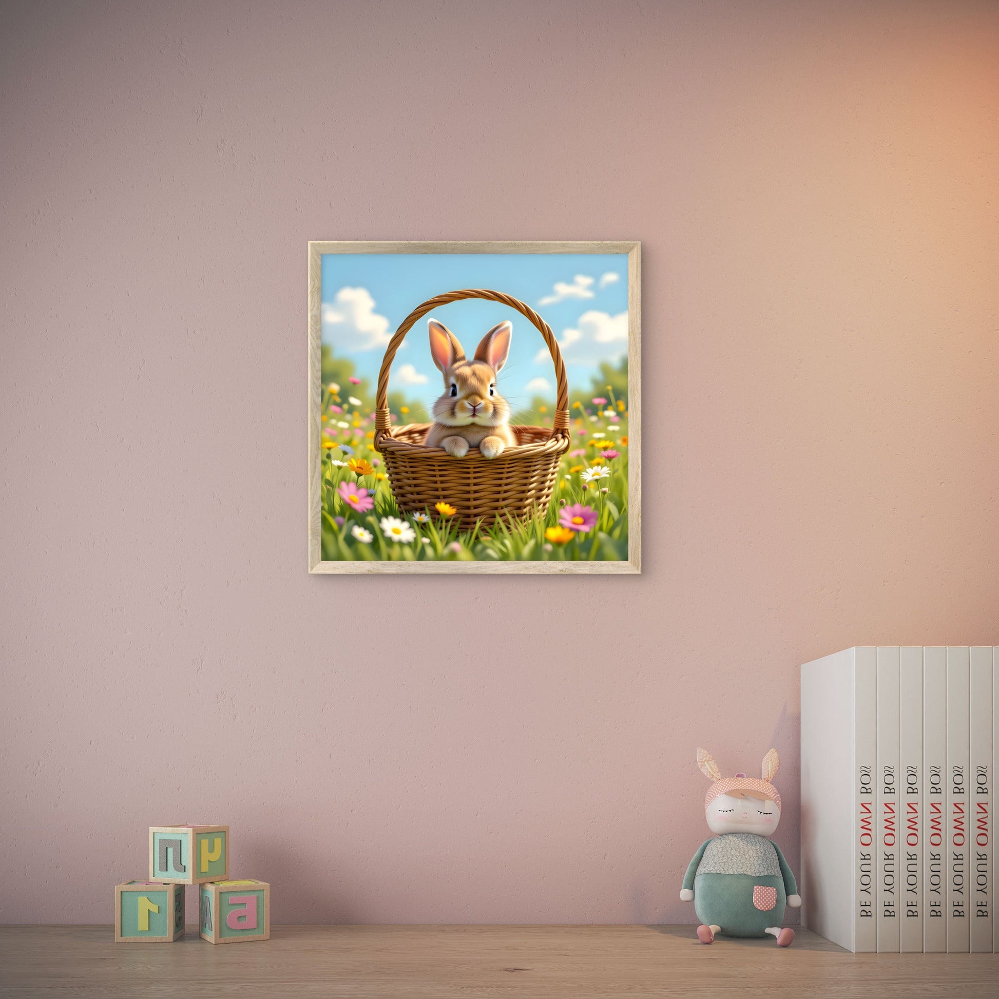 Cute Bunny in Basket Wall Art – Spring Meadow Rabbit Illustration - Byeutifull Art