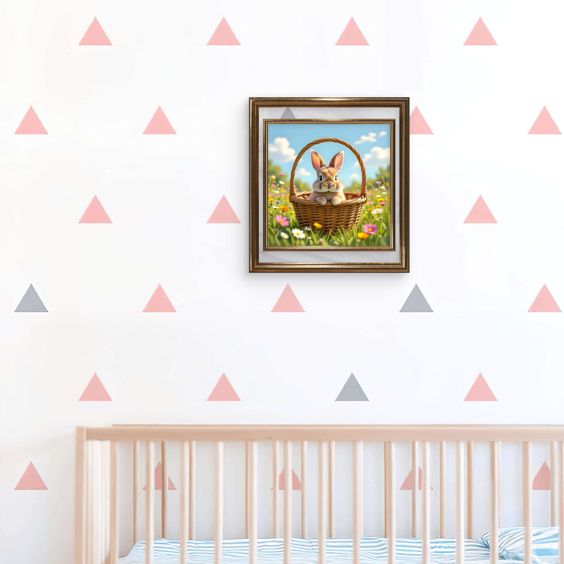 Cute Bunny in Basket Wall Art – Spring Meadow Rabbit Illustration - Byeutifull Art