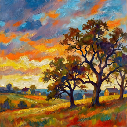 Golden Hour Countryside — Impressionist Oil Painting Print - Byeutifull Art