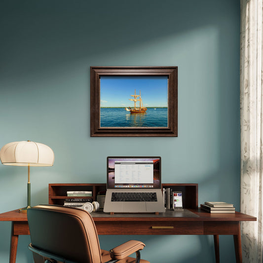 Graceful two - mast sailboat gliding beneath a flawless blue sky. - Byeutifull Art