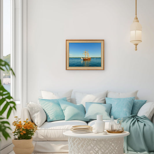 Graceful two - mast sailboat gliding beneath a flawless blue sky. - Byeutifull Art