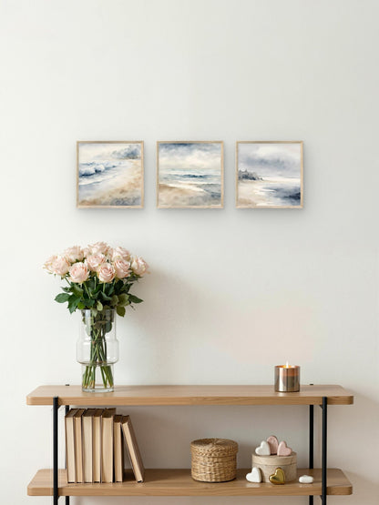Neutral Coastal Wall Art Set of 3 – Soft Ocean Landscape Prints - Byeutifull Art