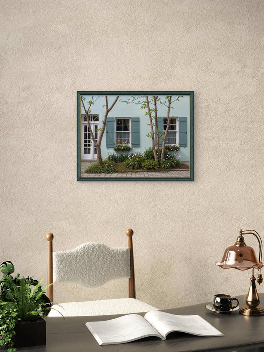 Turquoise Tranquility: Vintage House with Shuttered Windows & Garden - Byeutifull Art